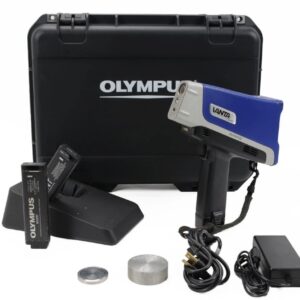 Olympus Vanta VCR handheld XRF analyzer performing portable alloy and elemental analysis in an industrial environment